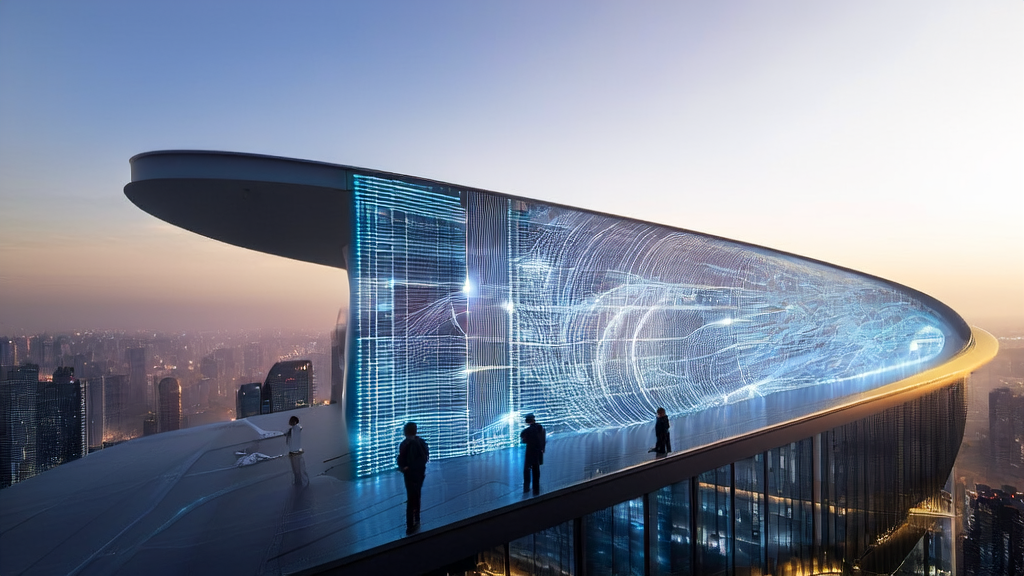 未来城市的高科技大厦内，数据科学家通过透明屏幕观察AI决策路径，阳光照耀下的现代化办公室。