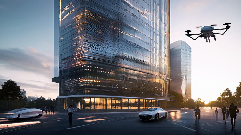 未来城市的高科技办公环境,展示AI技术在跨境电商自动化营销中的应用