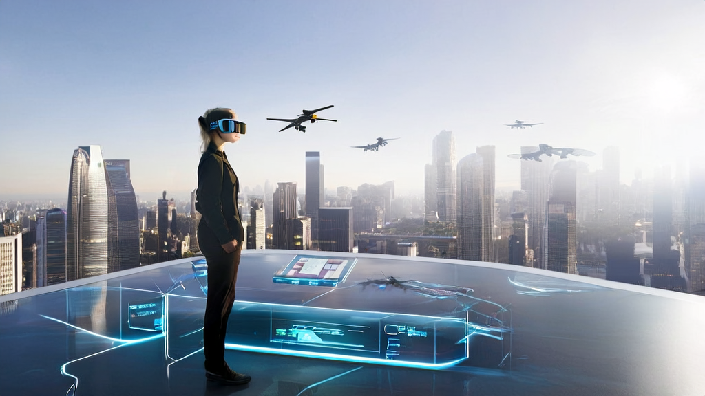 Entrepreneur in a future city using Ant Group's gPass technology for cross-border e-commerce AI marketing