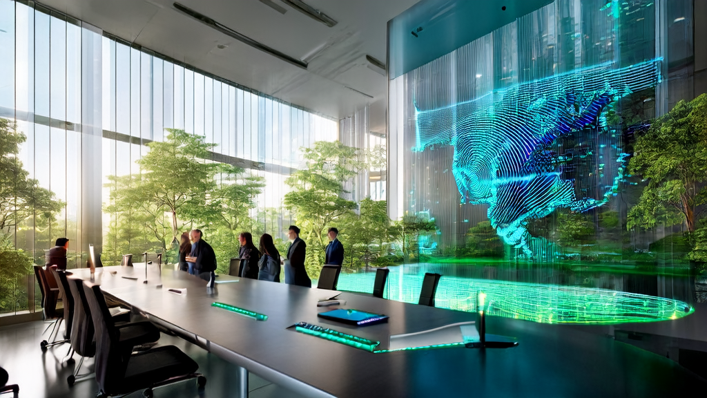 In a modern office of a futuristic tech city, employees are discussing the application of AI technology in cross-border e-commerce