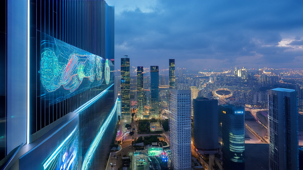 AI office in a future city showcasing customer prediction models and ad optimization data