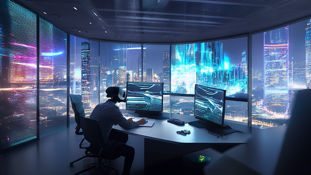 未来城市的高科技公司中，工程师使用DiffusionRenderer生成并体验逼真的3D场景