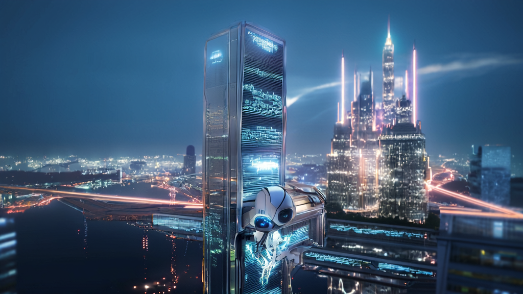 未来城市的高科技办公楼和迪士尼城堡,展示AI技术在跨境电商中的应用