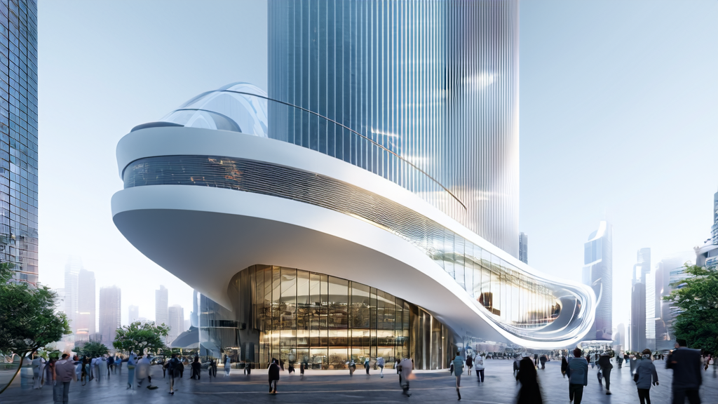 未来城市的现代化独立站建筑，AI机器人在楼顶优化关键词和广告投放策略，多语言营销内容吸引全球客户。