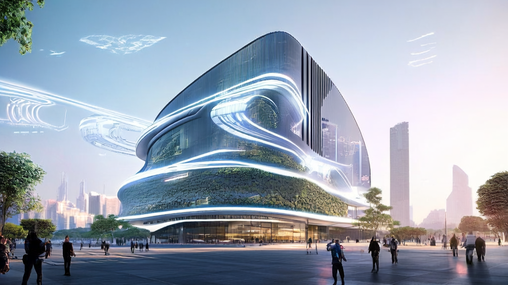 未来城市的高楼大厦中，AI机器人正在优化广告投放策略，吸引行人驻足观看精准推送的广告。