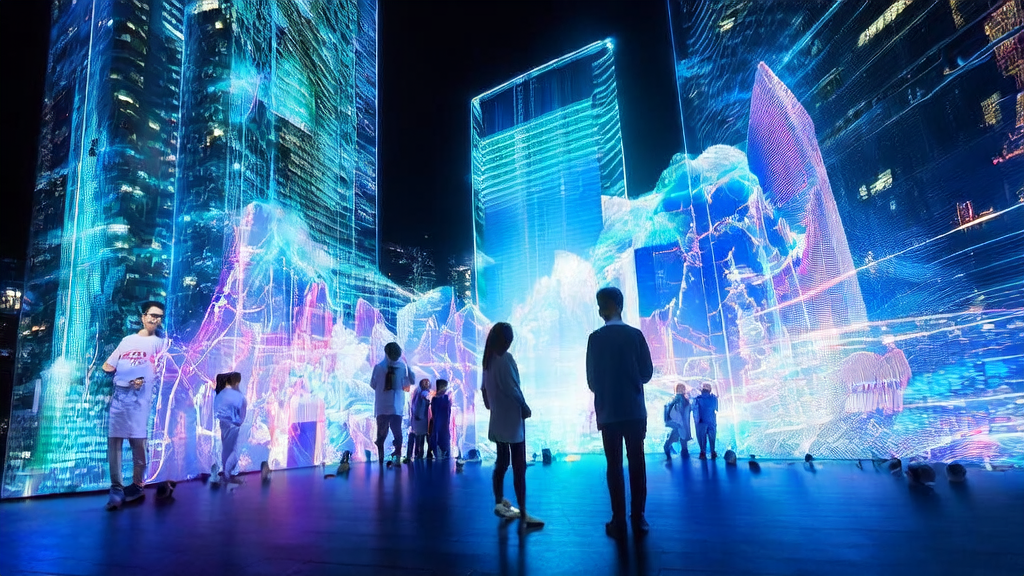 Smart advertising screens and kiosks in a future city showcasing AI-optimized ad placement with personalized content