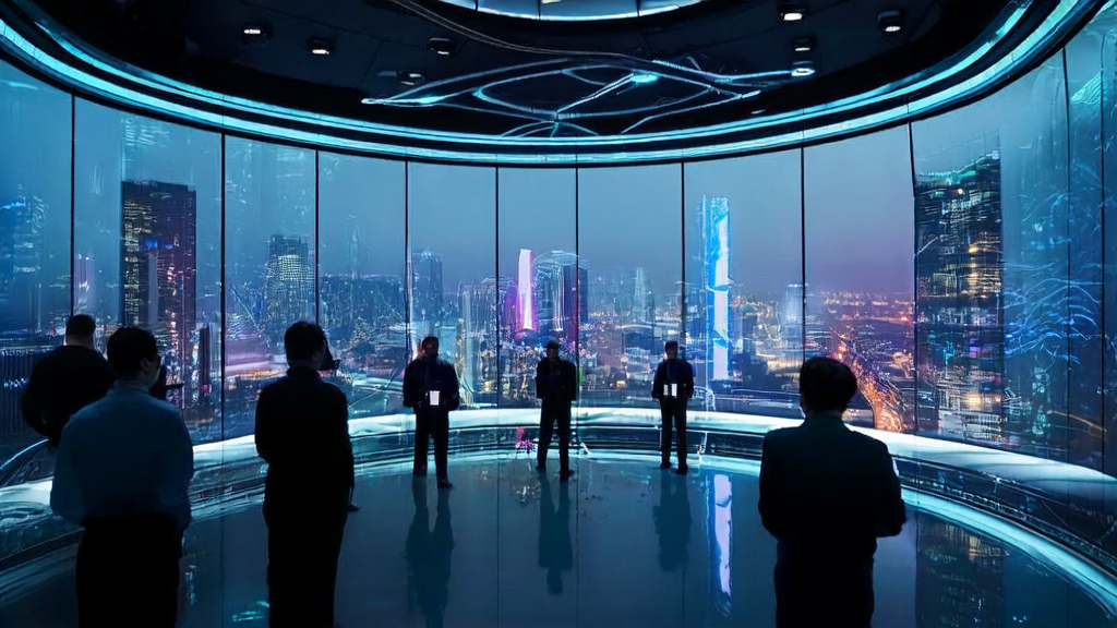 A scene of AI-optimized advertising in a future city, showcasing efficient data monitoring and market dynamics delivered by intelligent drones.
