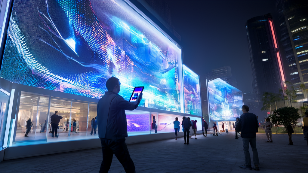 未来城市的街道上，AI优化的广告牌根据行人实时调整内容，展示个性化广告。