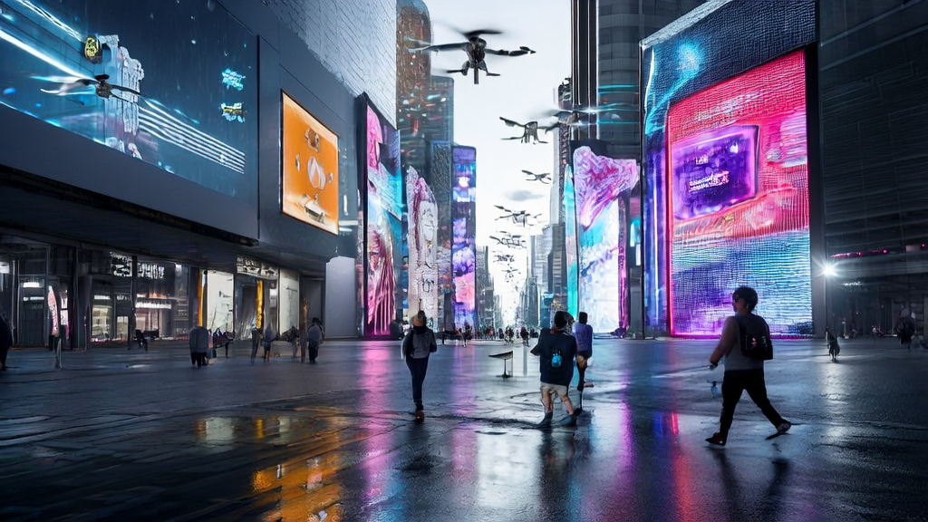 A scene of AI-optimized advertising in a futuristic city, showcasing how smart robots, dynamic billboards, and drones work together to achieve high-precision targeting of the audience.
