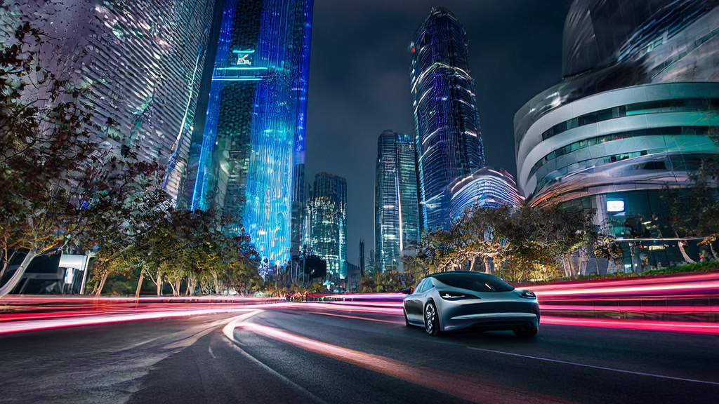 未来城市的夜晚，特斯拉Robotaxi在街头穿梭，xAI公司大楼闪耀，跨境电商企业利用AI优化广告投放