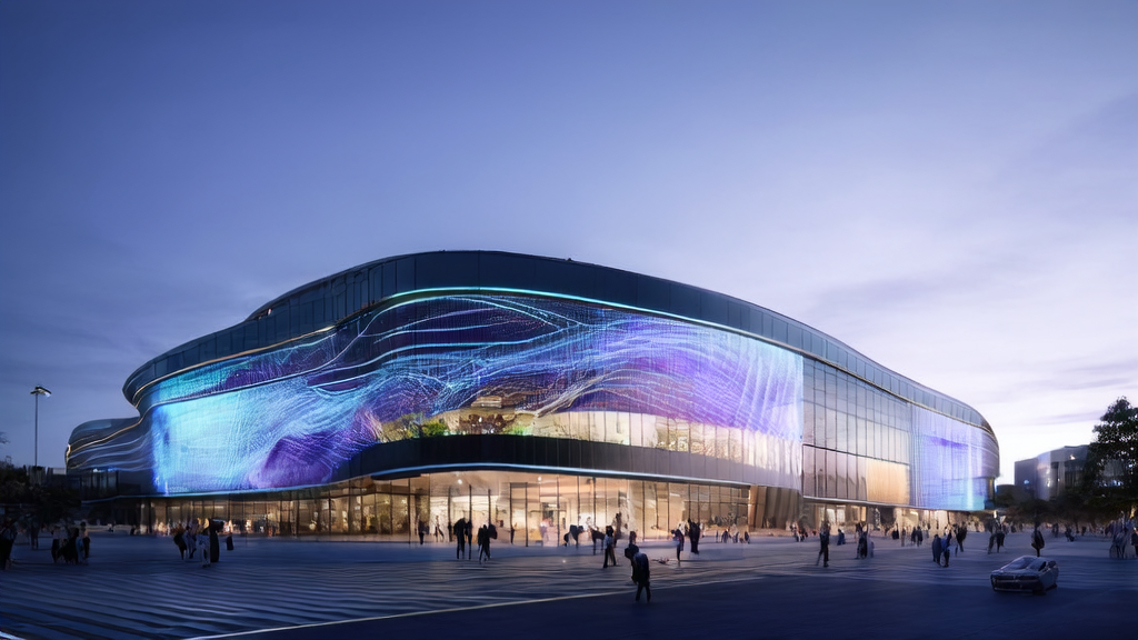 In a modern office building in a futuristic city, the Wujie Power team uses AI technology to optimize cross-border e-commerce customer acquisition