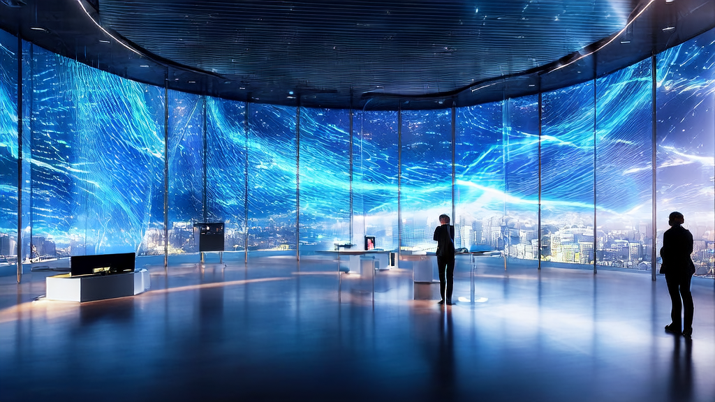 Tech company in a future city using AI for precision customer acquisition