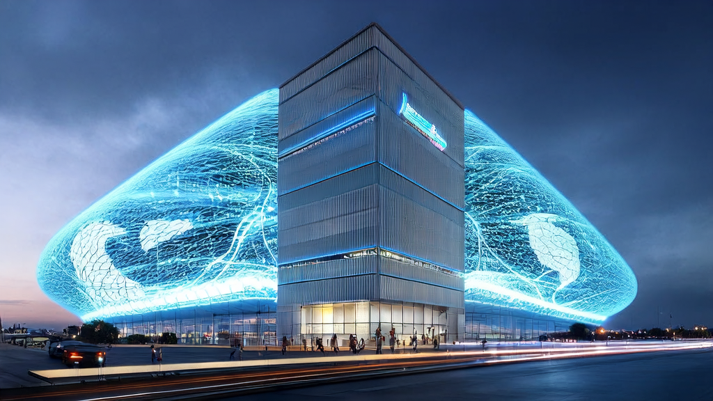 A high-tech skyscraper in a futuristic city showcasing AI technology applications in cross-border e-commerce, including precise ad targeting and big data analysis.