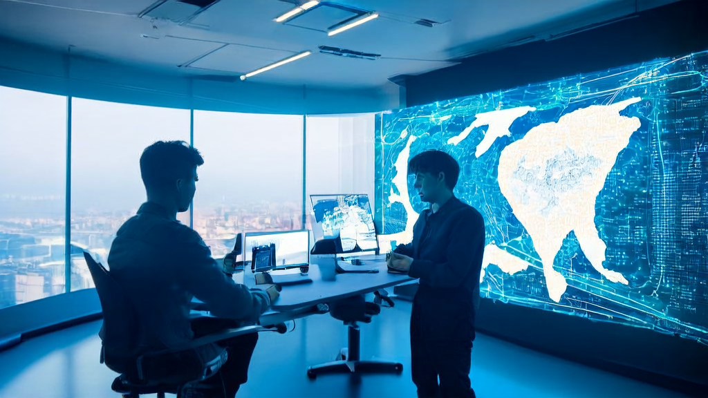 未来城市的高科技办公室中，创业者利用多模态AI技术优化独立站流量