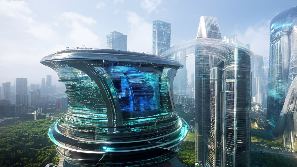 AI control center in a future city showcasing global search engine traffic data, with technicians optimizing keywords.