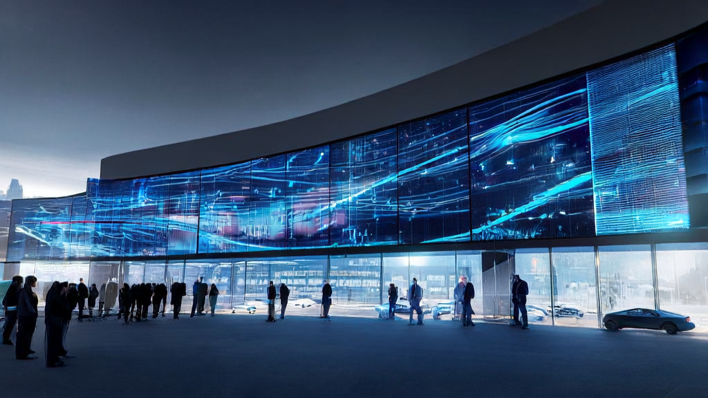 A scene of AI targeted acquisition in a future city, showing technicians and complex ad delivery data in a modern office building