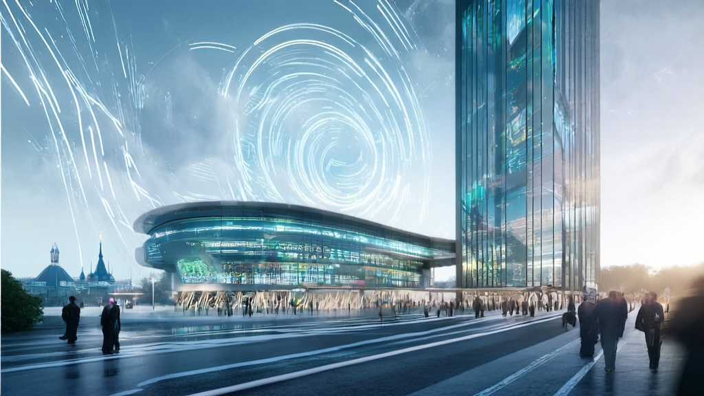 A scene of AI-targeted acquisition in a futuristic city, featuring skyscrapers, AI robots, and data streams, highlighting digital business competition and intellectual property protection.