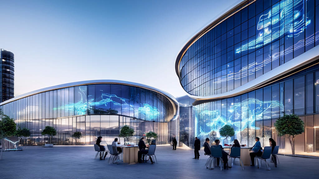 Modern office building in a future city showcasing AI technology achievements