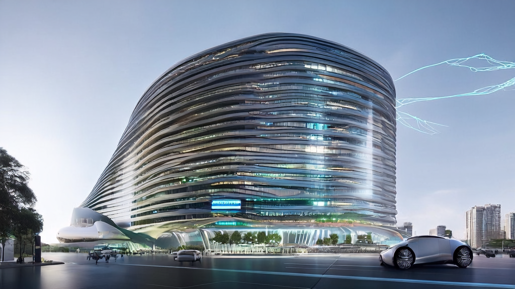 未来城市的高科技大厦与自动驾驶汽车，展示AI技术在智能屏幕和智能家居中的应用