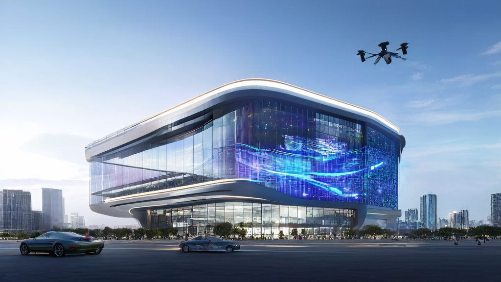 A modern office building in a futuristic city showcasing AI technologies, including Figma's AI image editing, smart keyword optimization systems, and multilingual content generators