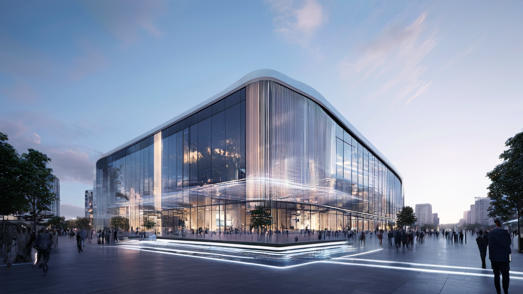 未来城市的独立站办公楼，展示AI技术带来的变革