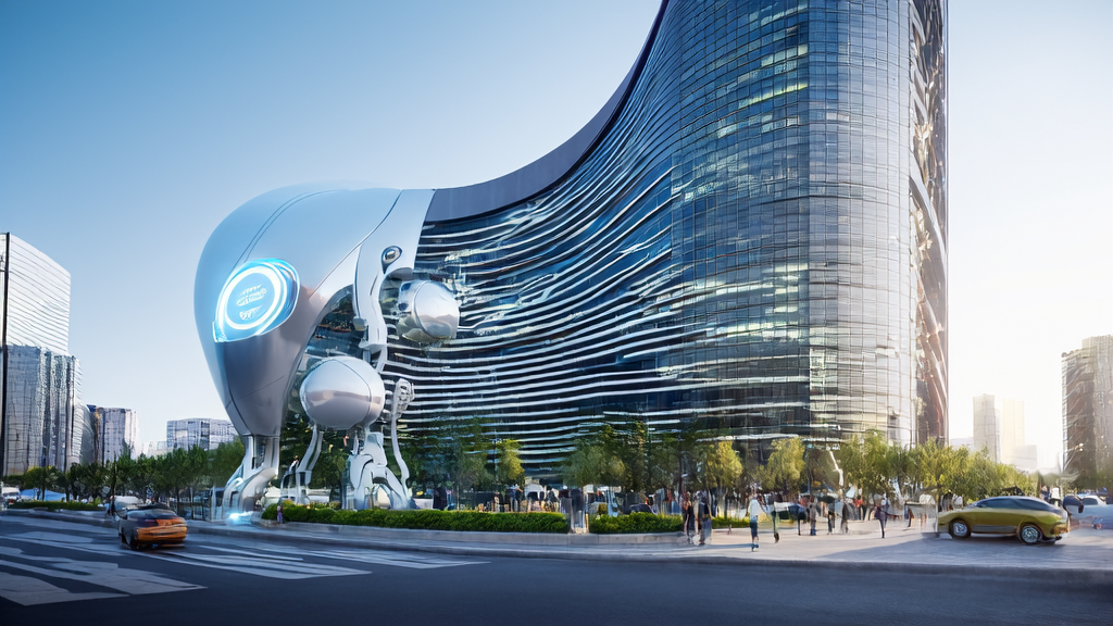 The rise of AI in a futuristic city, showcasing its applications in business and daily life