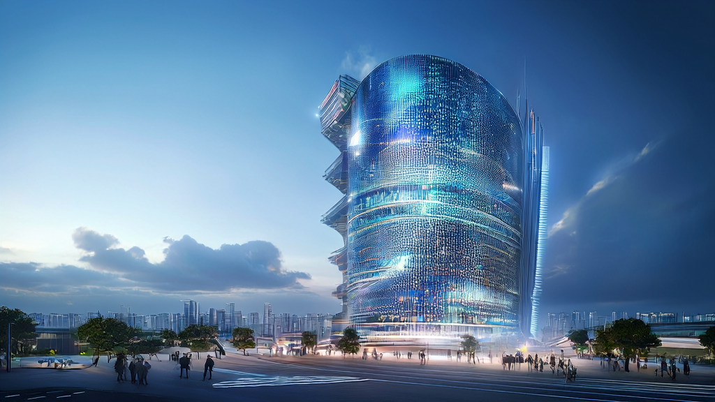 Display of AI technology applications in a futuristic city, highlighting new trends in cross-border e-commerce for 2025