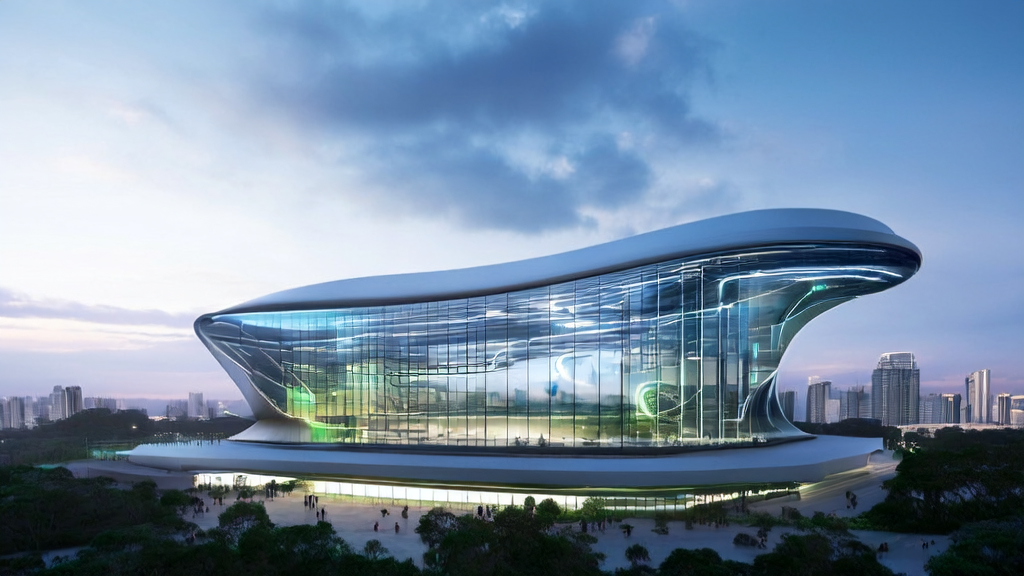 Modern independent station office building in a futuristic city, showcasing AI keyword optimization and PayPal executive speech