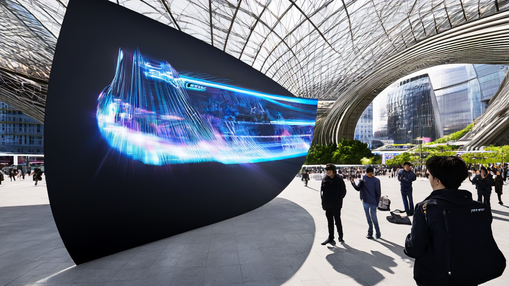 In the central square of a futuristic city, a large screen displays captivating 6-second AI-generated videos, drawing a crowd. An entrepreneur operates the Grok app on a tablet to create personalized video content.