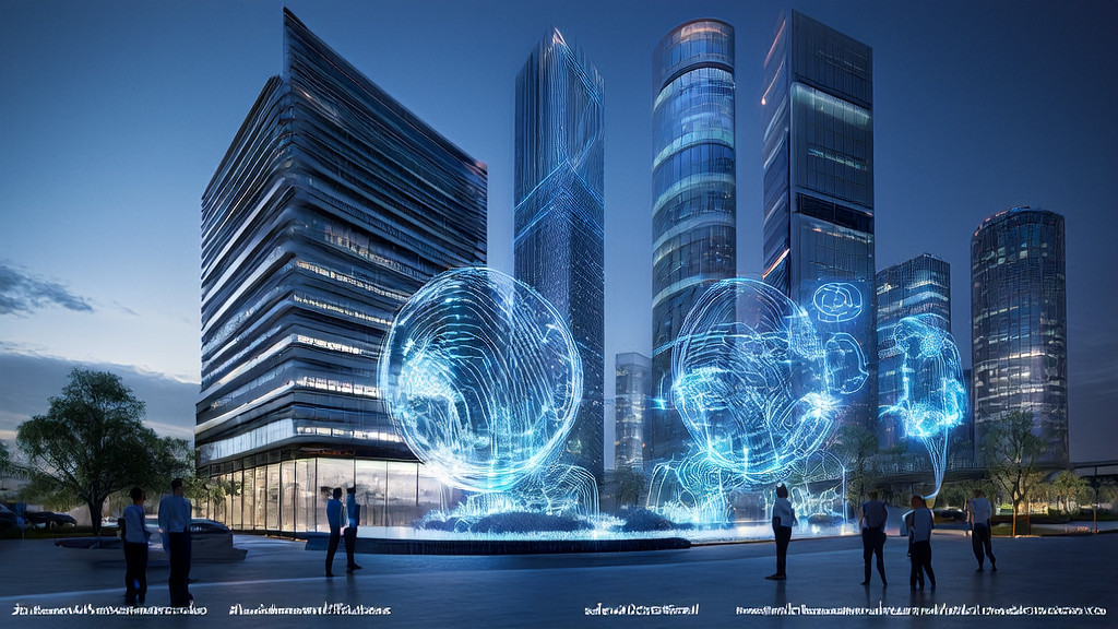 In a futuristic city business district, entrepreneurs use AI technology for precise customer acquisition and efficient communication