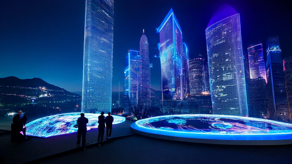 A cross-border e-commerce company in a futuristic city utilizing AI technology for multilingual marketing and personalized email campaigns