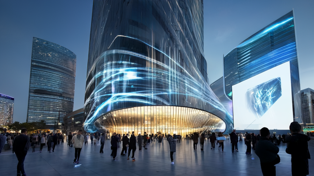 未来城市中心的高科技广告投放场景，展示了AI优化广告和iPhone重磅升级的讨论