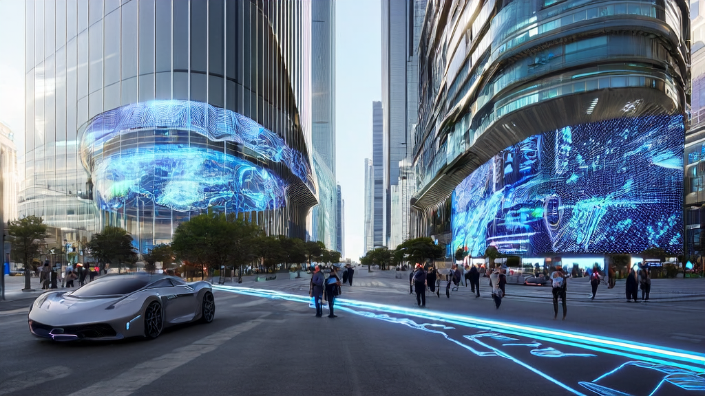 未来城市的智能广告牌和无人驾驶车辆，展示AI技术在广告投放和交通领域的应用