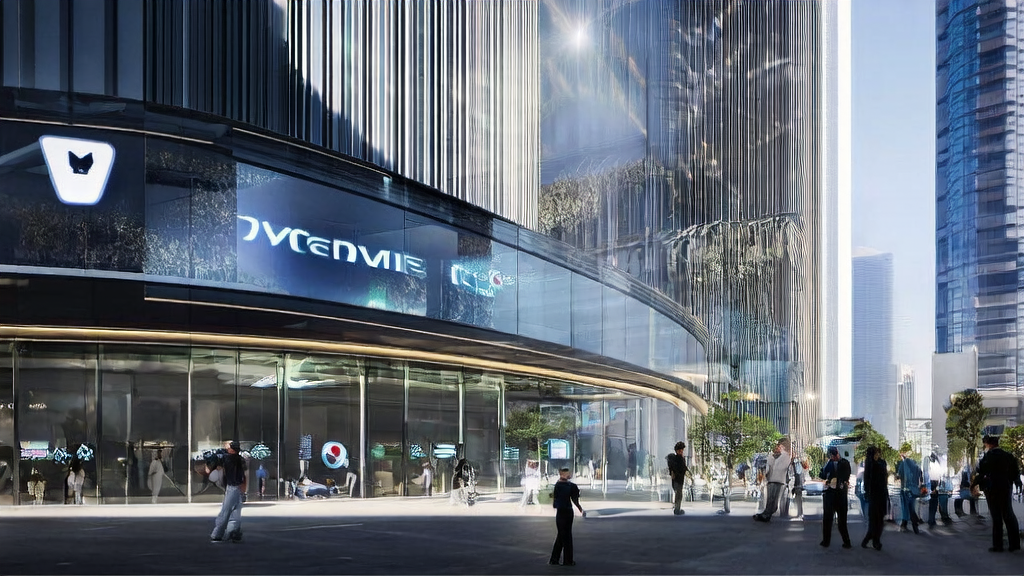 未来城市中心展示阿里HumanOmniV2的科技大楼，充满科技感和未来感
