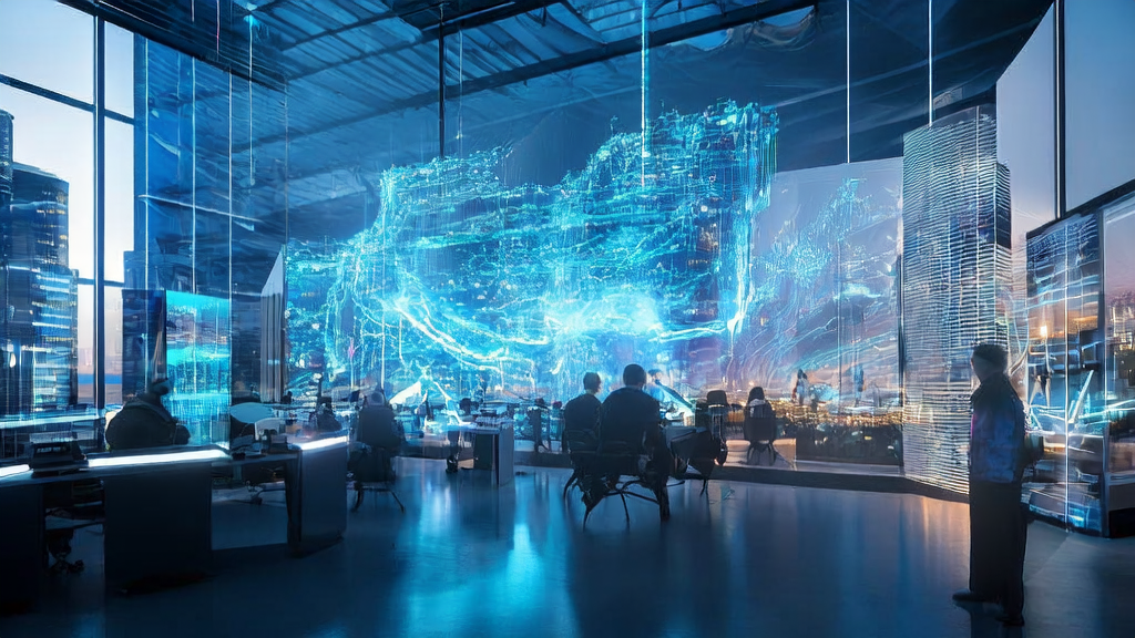 未来城市的跨境电商公司中，员工们正在处理AI获客工具的安全漏洞问题