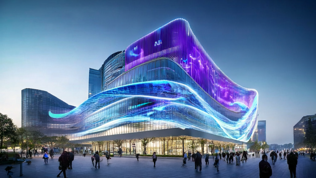 A futuristic city's cross-border commerce center showcasing the application of AI technology in independent site operations, especially achieving explosive search engine traffic growth through AI keyword optimization.