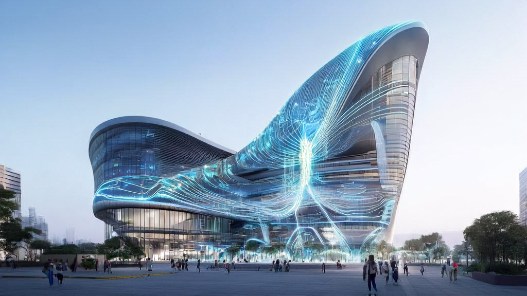 未来城市的跨境电商总部大楼，展示2025年AI客户预测模型的应用场景