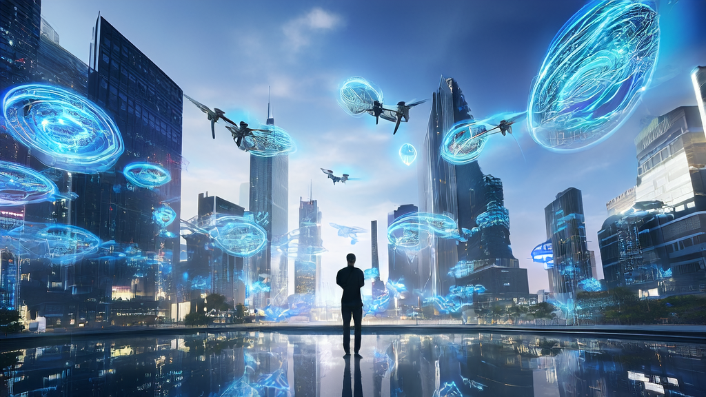 A futuristic city scene illustrating how AI technology is transforming cross-border e-commerce marketing and customer relationship management.