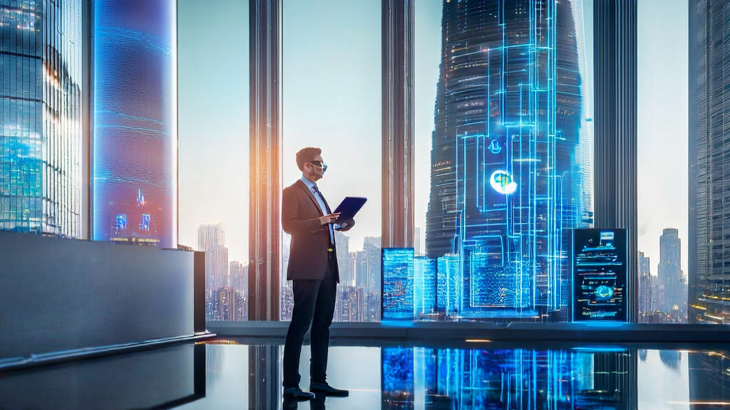 Business center of a futuristic city, cross-border e-commerce manager analyzing data with AI customer prediction model