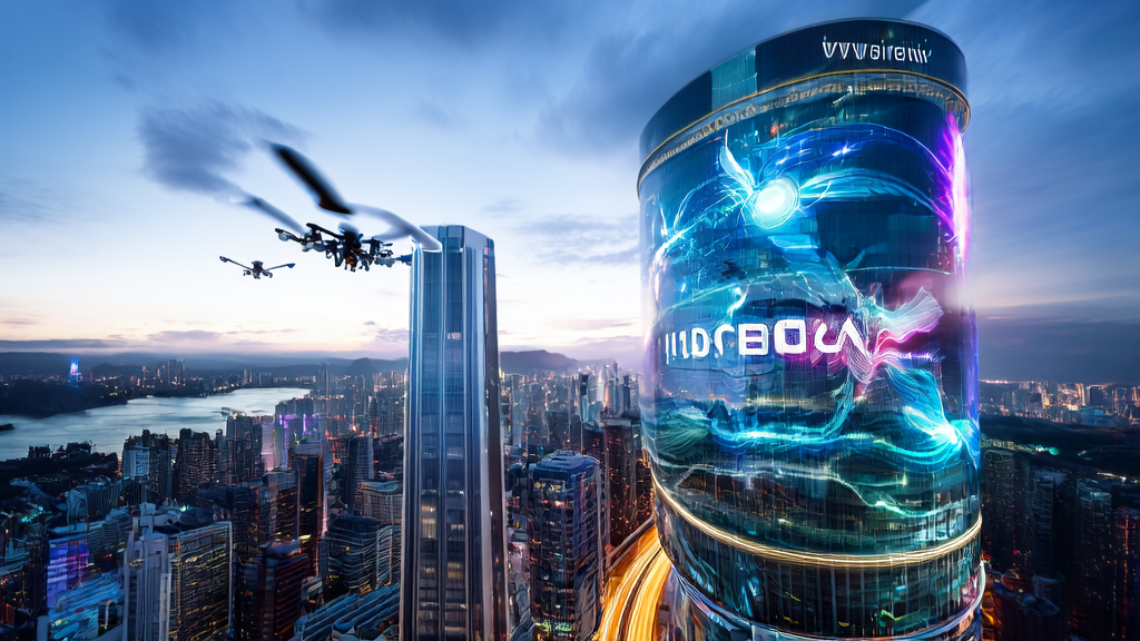 A cross-border e-commerce company in a futuristic city leveraging AI technology to achieve breakthroughs in traffic and conversion rates