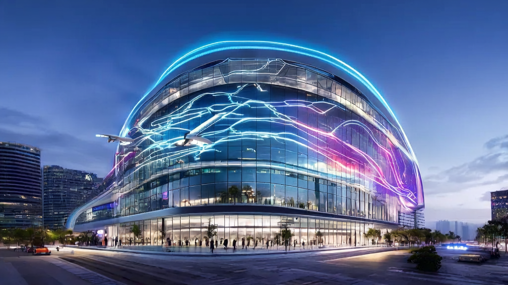 未来城市中的跨境电商团队利用AI技术高效工作，展示Youtu-Embedding模型的应用场景。