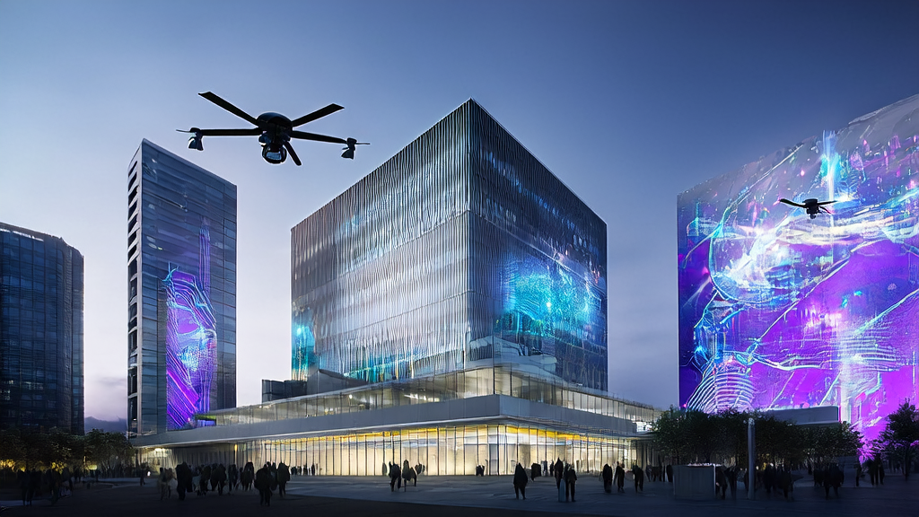 未来城市中的跨境电商办公大楼,展示最新的AI预测模型和客户数据分析结果,员工们通过智能设备与全球客户实时互动。