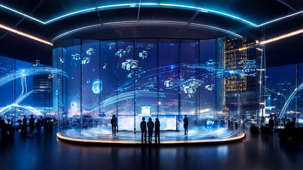 未来城市的商业中心，展示AI技术在跨境电商中的应用