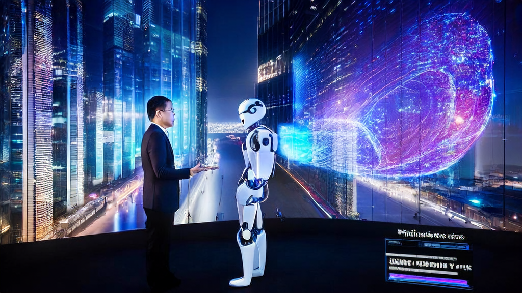 In a futuristic city, cross-border e-commerce businesses leverage AI technology for efficient customer acquisition and growth