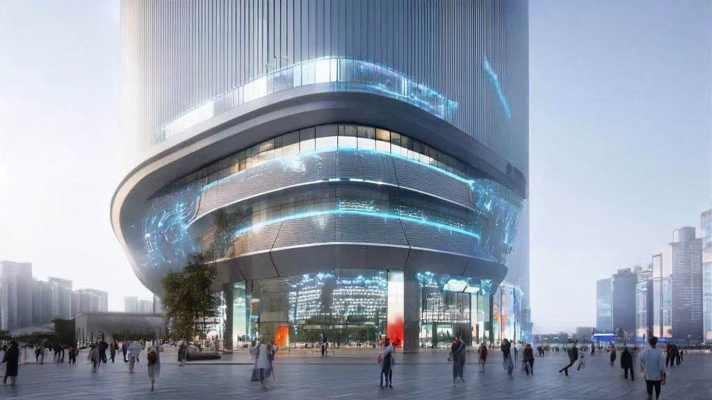 未来城市的跨境电商公司大楼前矗立着巨大的AI机器人雕塑，象征着AI技术的蓬勃发展和智能购物体验。