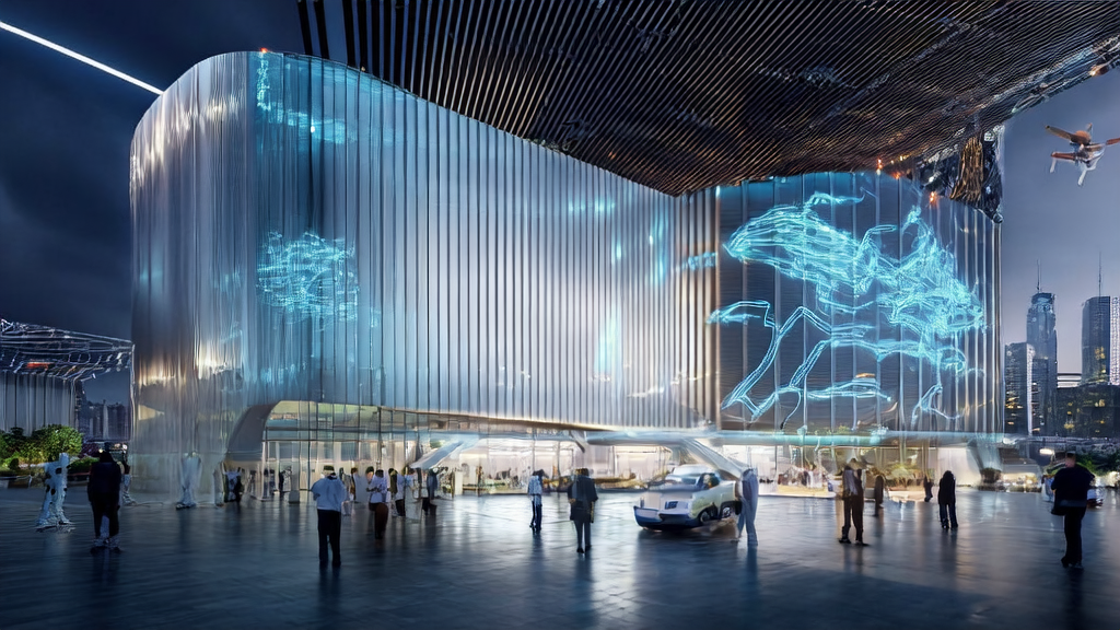 Headquarters of a cross-border e-commerce company in a future city, showcasing AI customer prediction model analysis results