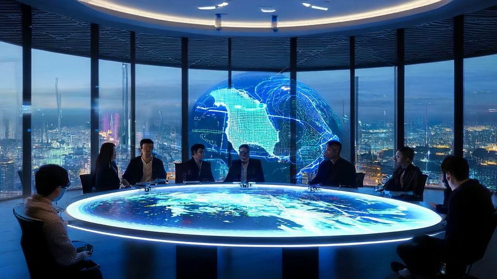 A futuristic cross-border e-commerce office showcasing AI technology and global market dynamics