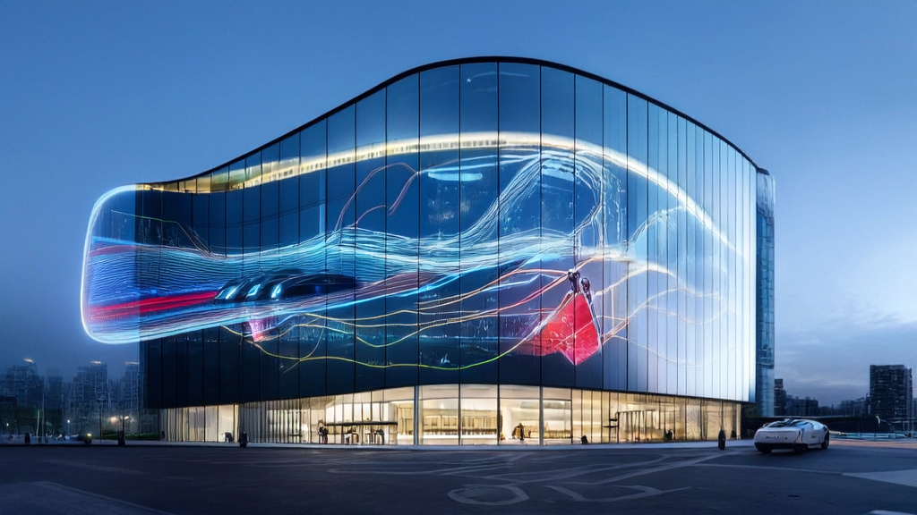 A futuristic cross-border e-commerce office showcasing AI technology and Cybercab self-driving taxis