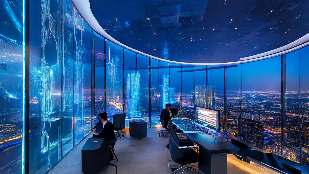 A futuristic cross-border e-commerce office in a city, showcasing how AI technology helps businesses achieve efficient customer acquisition and multilingual marketing
