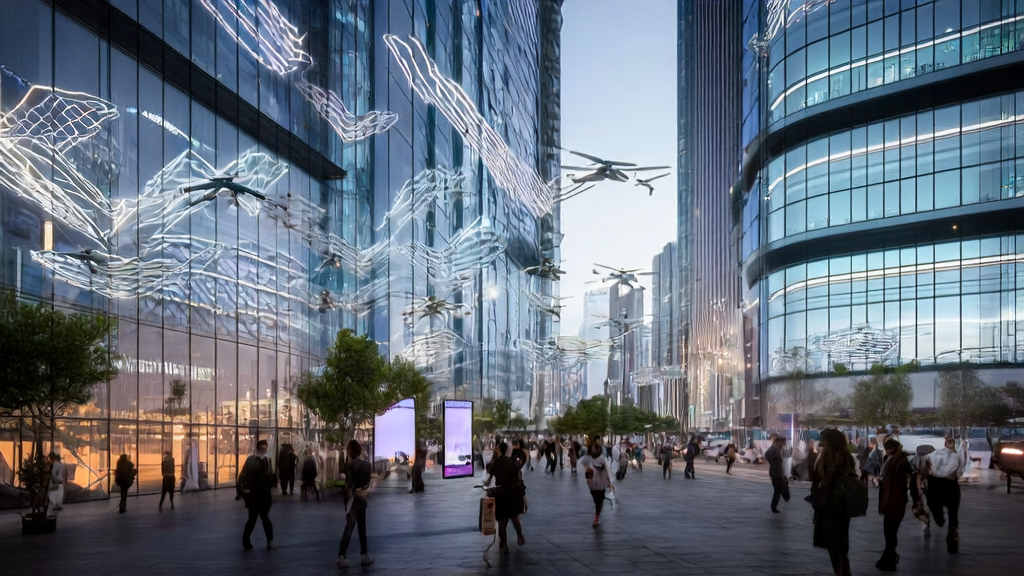 未来城市的跨境电商大厦展示了多语言广告和智能设备，预示着2025年AI获客新趋势。